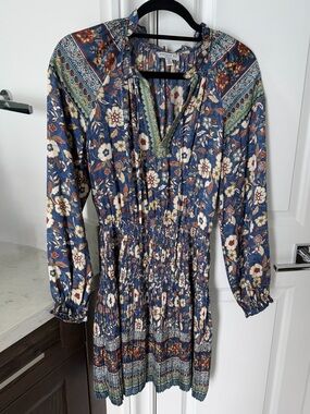 Blue Floral Long-Sleeve Smocked Waist Dress